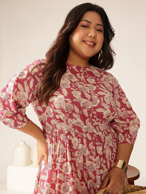 Plus Size Mauve Pure Cotton Floral Printed Gathered Dress